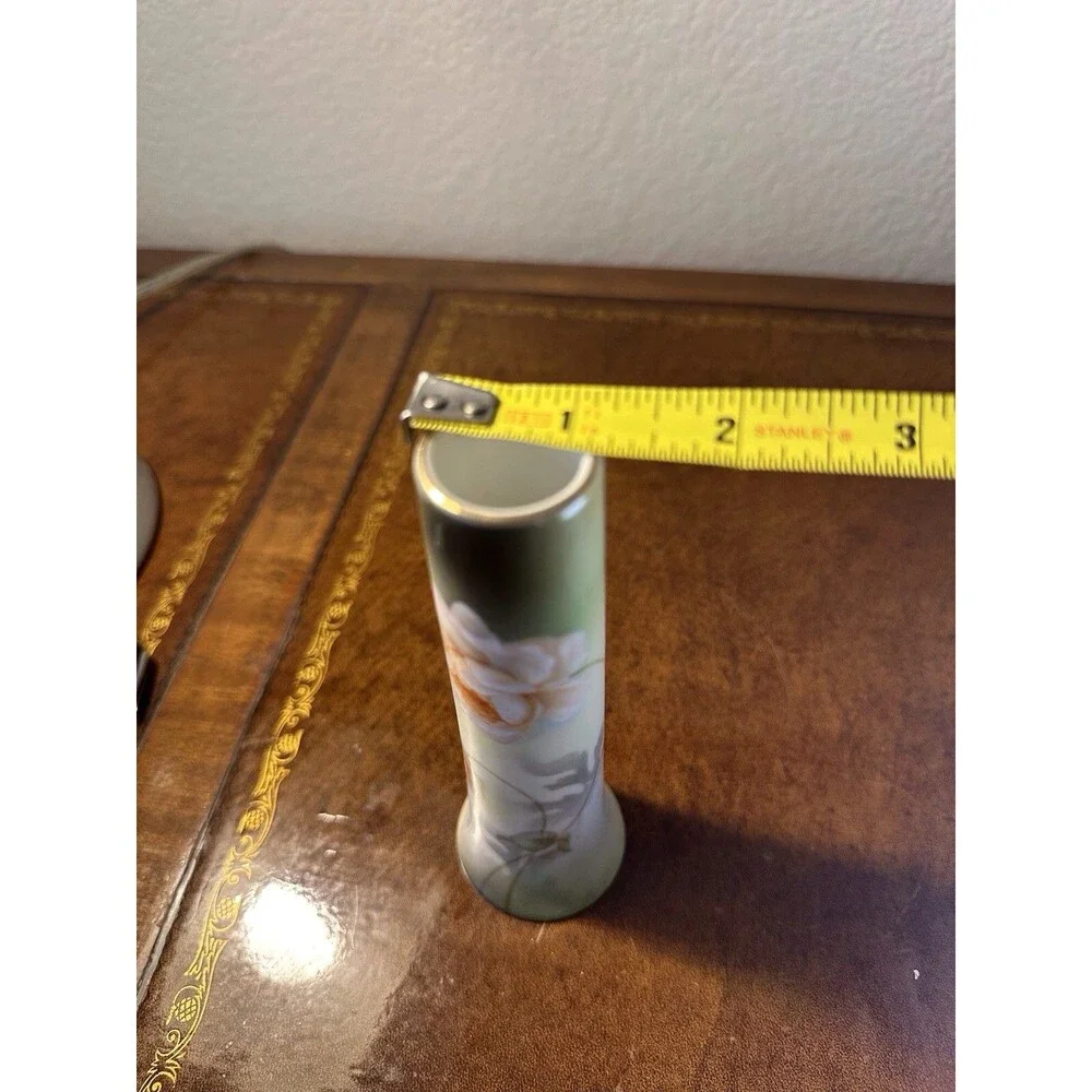 VTG Germany Porcelain Bud Vase Hat Pin Holder Green with White/Peach Roses 6
